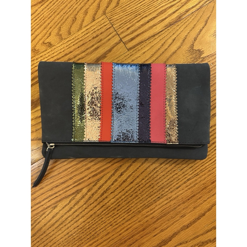 Stella & Dot Zip Clutch Women's Blue Metallic Leather Strip Trim Bi-Fold Purse